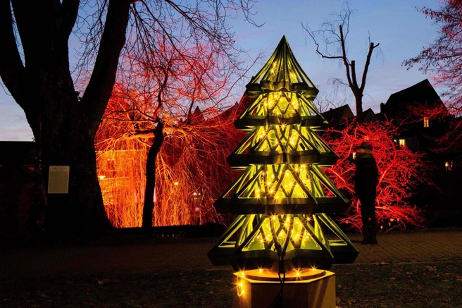 Der fertige Weihnachtsbaum steht leuchtend auf dem Weihnachtsmarkt inmitten von Bäumen, welche ebenfalls erleuchtet sind. 