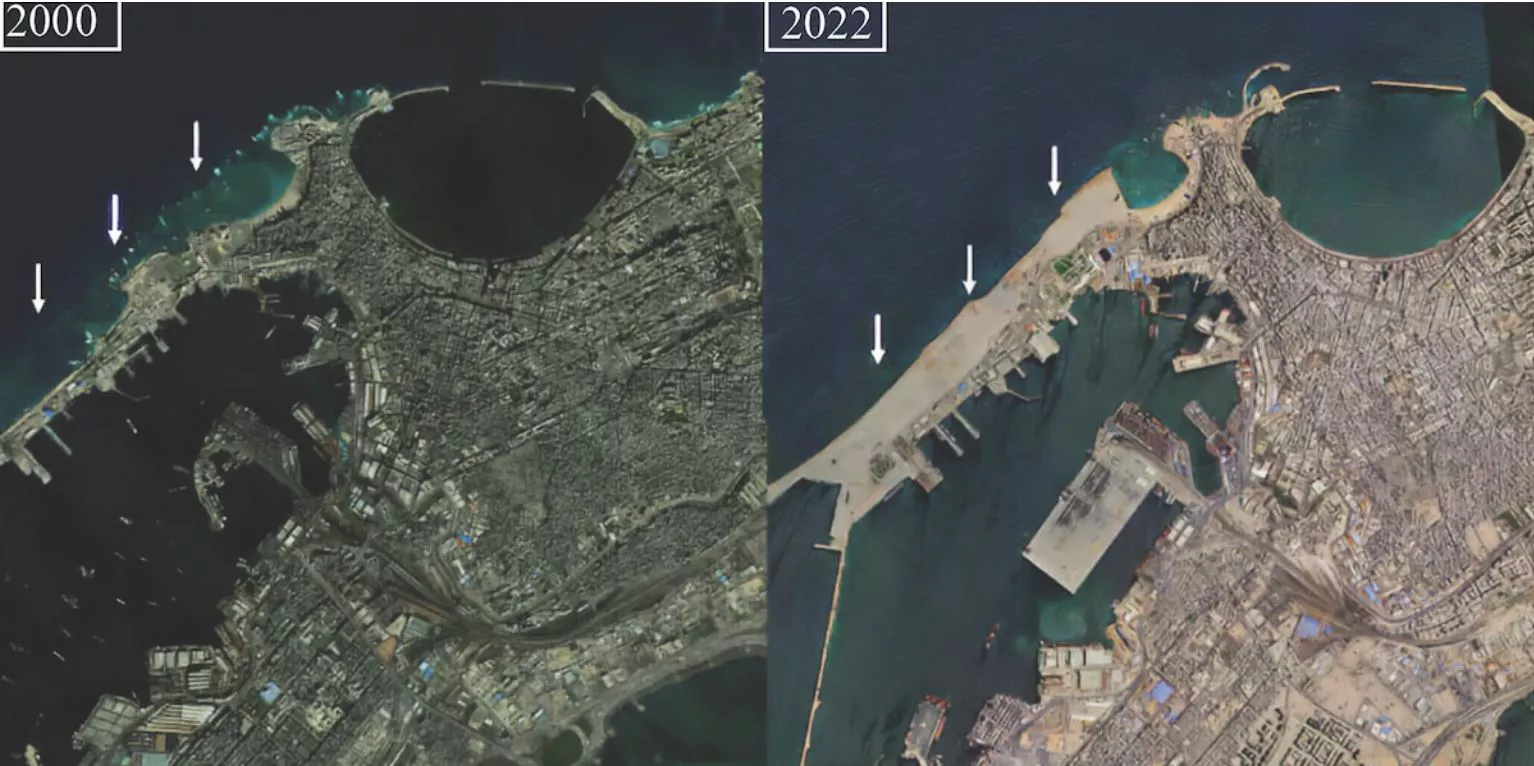Satellitenbilder vergleichen das Bild des Hafens von Alexandria im Jahr 2000 mit dem von 2022.