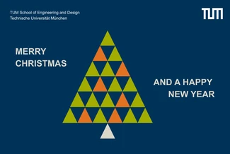 Christmas graphic. In the center is a Christmas tree made of triangles, with “Merry Christmas” to the left and “and a Happy New Year” to the right.
