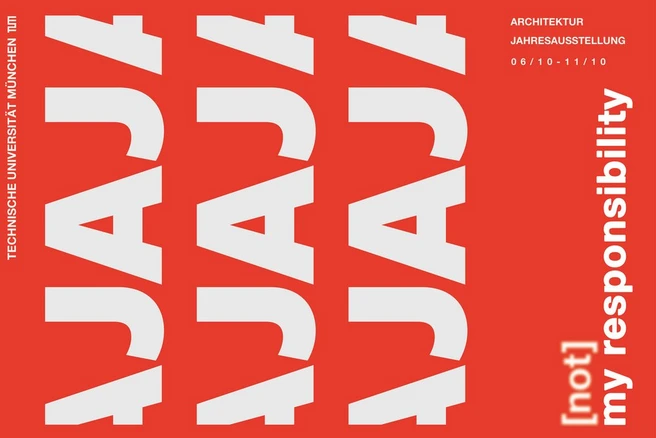 Graphik Architekturjahresausstellung mit rotem Hintergrund und weißen Buchstaben