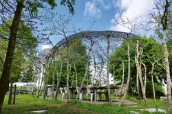 Outdoor summer kitchen with roof structure consisting of living trees 